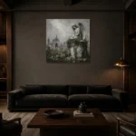 Weathered Stone Angel Statue Gothic Wall Art Canvas Print shown in a warm modern interior