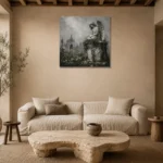 Weathered Stone Angel Statue Gothic Wall Art Canvas Print presented in a sophisticated home setting