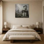 Weathered Stone Angel Statue Gothic Wall Art Canvas Print showcased in an elegant minimalist interior