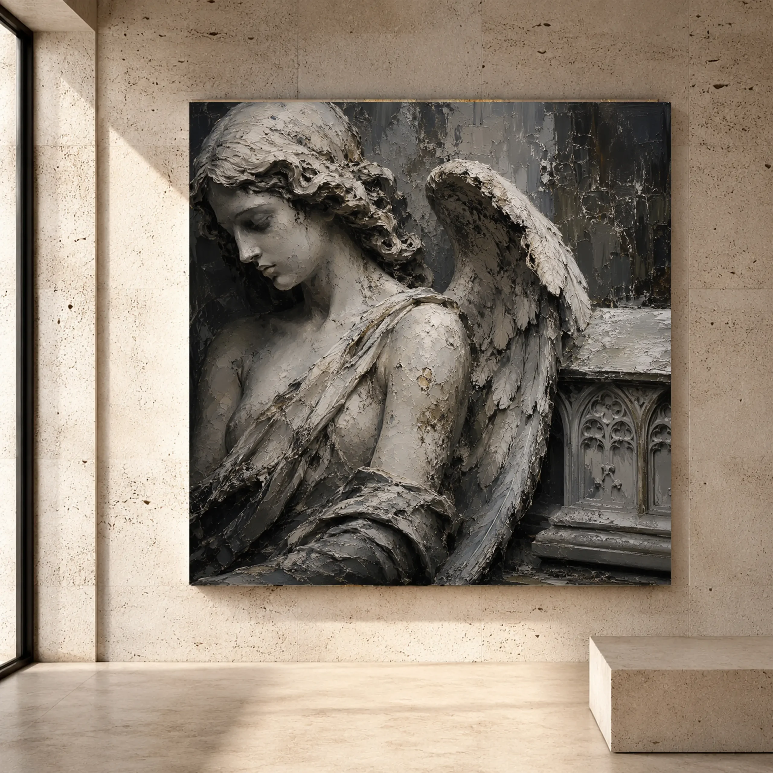 Premium Wall Art Kare Html Edition – GOTICWALL065 Image 1 Stone and ivory Angel Statue Wall Art print for elegant interiors. No text or watermarks in design.