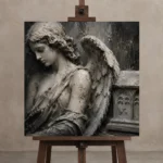 Stone & Ivory Reliquary Angel Statue Wall Art Canvas Print displayed on a studio easel