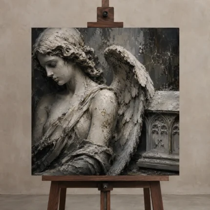 Stone & Ivory Reliquary Angel Statue Wall Art Canvas Print displayed on a studio easel