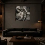 Stone & Ivory Reliquary Angel Statue Wall Art Canvas Print shown in a warm modern interior