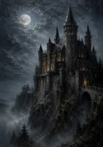 Blue Gray Moonlit Castle Gothic Wall Art Canvas Print