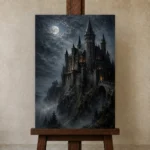 Blue Gray Moonlit Castle Gothic Wall Art Canvas Print displayed on a studio easel