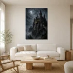 Blue Gray Moonlit Castle Gothic Wall Art Canvas Print styled in a refined neutral interior