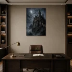 Blue Gray Moonlit Castle Gothic Wall Art Canvas Print displayed in a contemporary gallery-inspired room