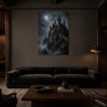 Blue Gray Moonlit Castle Gothic Wall Art Canvas Print shown in a warm modern interior