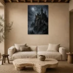 Blue Gray Moonlit Castle Gothic Wall Art Canvas Print presented in a sophisticated home setting