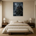 Blue Gray Moonlit Castle Gothic Wall Art Canvas Print showcased in an elegant minimalist interior