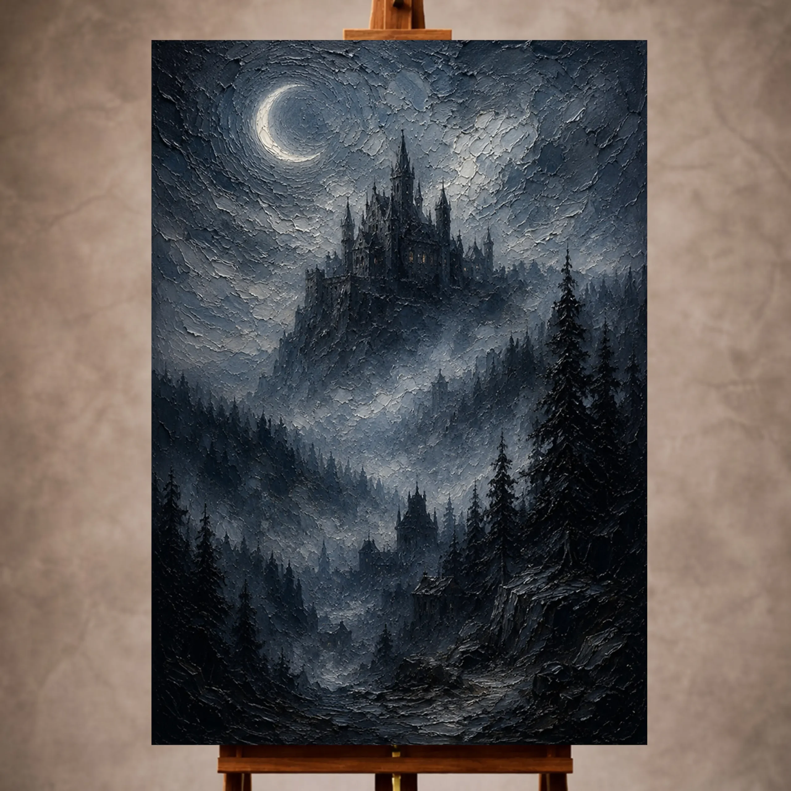 Premium Wall Art Dikey Html Edition – GOTICWALL067 Image 1 Blue gray atmospheric Gothic Wall Art print for elegant interiors. No text or watermarks in design.