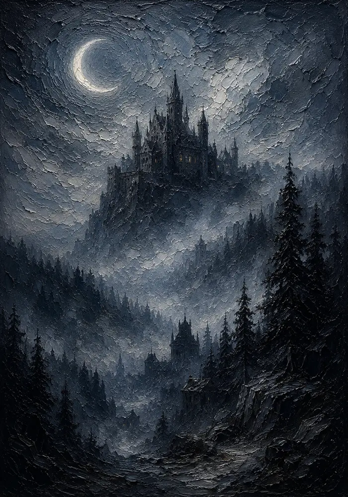 Crescent Moon Valley Castle Gothic Wall Art Canvas Print