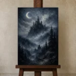 Blue Gray Moonlit Castle Gothic Wall Art Canvas Print displayed on a studio easel