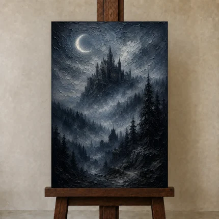 Blue Gray Moonlit Castle Gothic Wall Art Canvas Print shown in Studio Easel