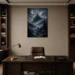 Blue Gray Moonlit Castle Gothic Wall Art Canvas Print displayed in a contemporary gallery-inspired room