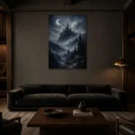 Blue Gray Moonlit Castle Gothic Wall Art Canvas Print shown in a warm modern interior