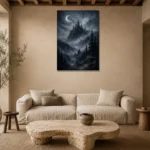 Blue Gray Moonlit Castle Gothic Wall Art Canvas Print presented in a sophisticated home setting