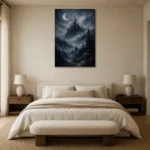 Blue Gray Moonlit Castle Gothic Wall Art Canvas Print showcased in an elegant minimalist interior