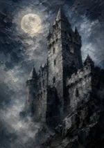 Blue Gray Moonlit Castle Tower Gothic Wall Art Canvas Print
