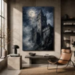 Blue Gray Moonlit Castle Tower Gothic Wall Art Canvas Print - Image 3