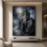Blue Gray Moonlit Castle Tower Gothic Wall Art Canvas Print - Image 4