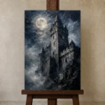 Blue Gray Moonlit Castle Tower Gothic Wall Art Canvas Print displayed on a studio easel