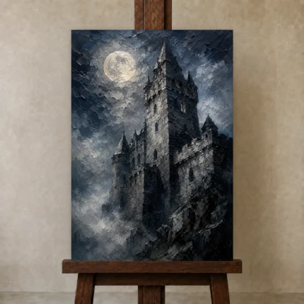 Blue Gray Moonlit Castle Tower Gothic Wall Art Canvas Print shown in Studio Easel