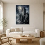 Blue Gray Moonlit Castle Tower Gothic Wall Art Canvas Print styled in a refined neutral interior