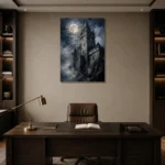 Blue Gray Moonlit Castle Tower Gothic Wall Art Canvas Print displayed in a contemporary gallery-inspired room