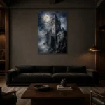 Blue Gray Moonlit Castle Tower Gothic Wall Art Canvas Print shown in a warm modern interior