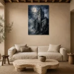 Blue Gray Moonlit Castle Tower Gothic Wall Art Canvas Print presented in a sophisticated home setting