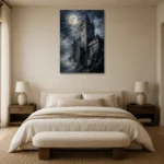 Blue Gray Moonlit Castle Tower Gothic Wall Art Canvas Print showcased in an elegant minimalist interior