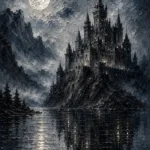 Blue Gray Moonlit Castle Lake Gothic Wall Art Canvas Print