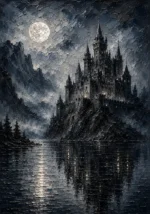 Blue Gray Moonlit Castle Lake Gothic Wall Art Canvas Print