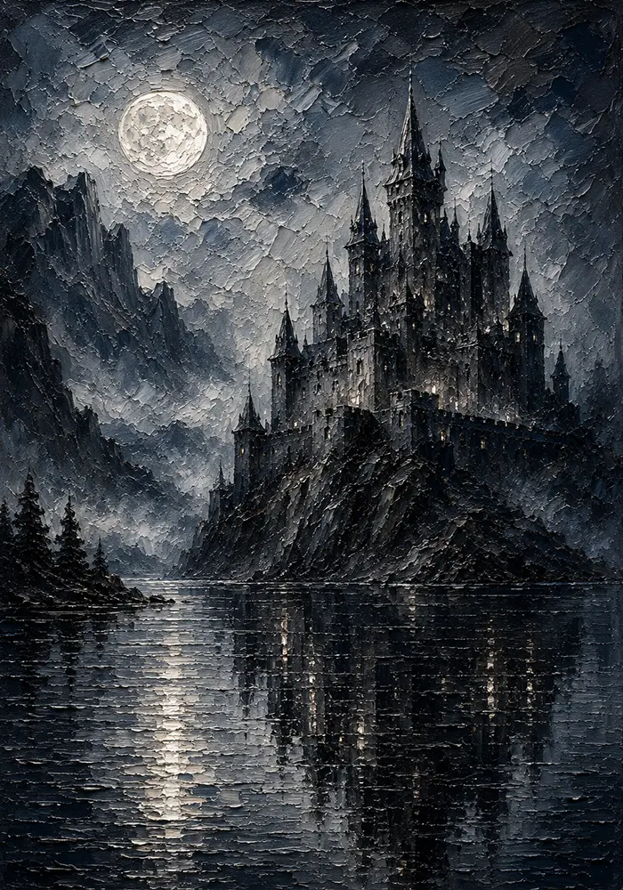 Blue Gray Moonlit Castle Lake Gothic Wall Art Canvas Print