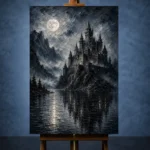 Blue Gray Moonlit Castle Lake Gothic Wall Art Canvas Print - Image 2