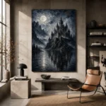 Blue Gray Moonlit Castle Lake Gothic Wall Art Canvas Print - Image 3