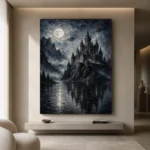Blue Gray Moonlit Castle Lake Gothic Wall Art Canvas Print - Image 4