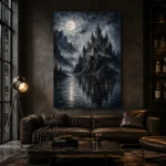 Blue Gray Moonlit Castle Lake Gothic Wall Art Canvas Print - Image 5
