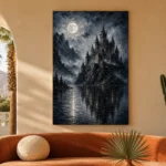 Blue Gray Moonlit Castle Lake Gothic Wall Art Canvas Print - Image 6