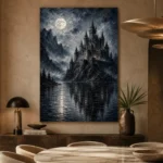 Blue Gray Moonlit Castle Lake Gothic Wall Art Canvas Print - Image 7