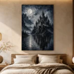 Blue Gray Moonlit Castle Lake Gothic Wall Art Canvas Print - Image 8