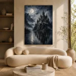 Blue Gray Moonlit Castle Lake Gothic Wall Art Canvas Print - Image 9
