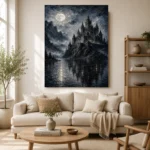Blue Gray Moonlit Castle Lake Gothic Wall Art Canvas Print - Image 10