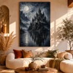 Blue Gray Moonlit Castle Lake Gothic Wall Art Canvas Print - Image 11