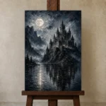 Blue Gray Moonlit Castle Lake Gothic Wall Art Canvas Print displayed on a studio easel
