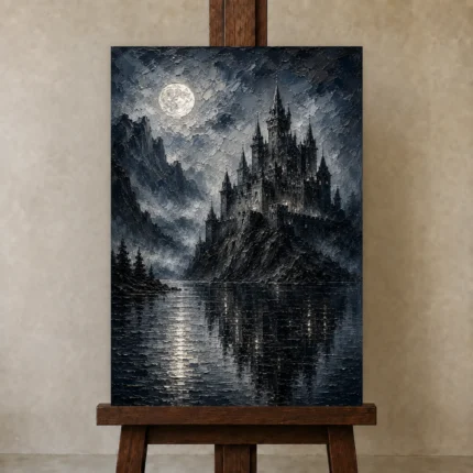 Blue Gray Moonlit Castle Lake Gothic Wall Art Canvas Print shown in Studio Easel