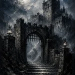 Blue Gray Moonlit Castle Gate Gothic Wall Art Canvas Print