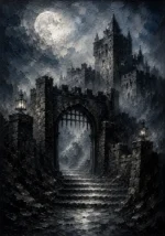 Blue Gray Moonlit Castle Gate Gothic Wall Art Canvas Print