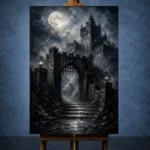 Blue Gray Moonlit Castle Gate Gothic Wall Art Canvas Print - Image 2